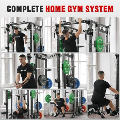 RitFit Buffalo Smith Machine, Power cage with LAT-Pull Down System & Cable Crossover System, All-in-One Squat Rack for Home Gym, Power Rack - color: BLACK, size: Package(With CP370)