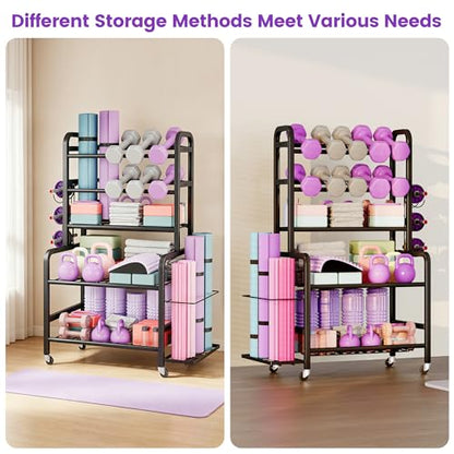 Homeiju Dumbbell Rack, Weight Rack for Home Gym, Yoga Mat Storage Holder with Lockable Wheels, Dumbbell Stand with Hooks, All in One Work out Equipment Storage for Yoga Mat Dumbbell and Balls