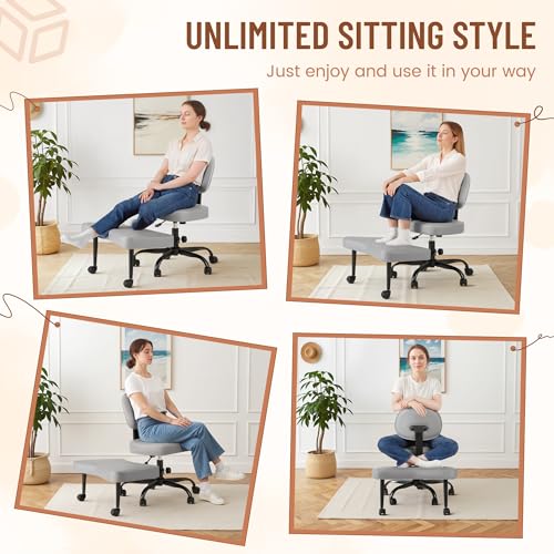 Homall Ergonomic Cross Legged Office Desk Chair with Wheels, 360° Swivel and Adjustable Height for Meditation and ADHD,Criss Cross Kneeling Chair with Lumbar Support (Leather, Grey) - color: Grey