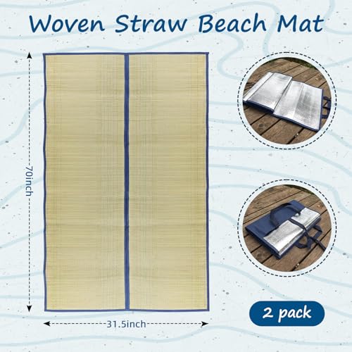 31.5" x70" Straw Beach Mat, Waterproof & Heat Insulation Straw Mat Foldable Lightweight Picnic Mat with Trim for Camping Sunbathing Floor Yoga Outdoor Activities