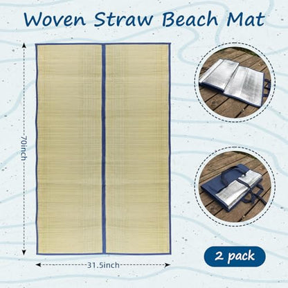 31.5" x70" Straw Beach Mat, Waterproof & Heat Insulation Straw Mat Foldable Lightweight Picnic Mat with Trim for Camping Sunbathing Floor Yoga Outdoor Activities