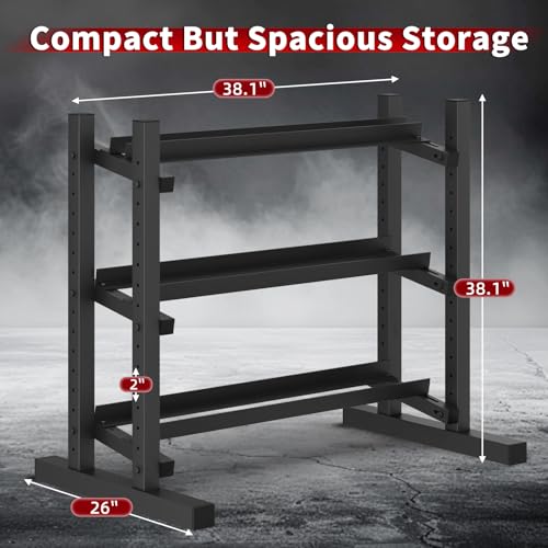 3-Tier Professional Dumbbell Rack, Commercial Grade Dumbbell Storage Rack,1300/1800LB Capacity with Barbell Holder, Adjustable Heavy-Duty Weight Rack for Home Gym, Weight Stand for Dumbbells, Kettlebells & Weight Plates (Rack Only)