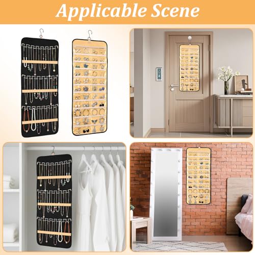 2pcs Double-Sided Hanging Jewelry Organizer for Closet with 48 Pockets & 21 Necklace Hooks Wall Mount Earring Holder Organizers Bracelet Necklace Display Hanger for Women Closet Wall Rings Display