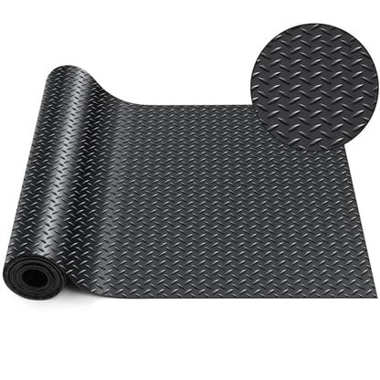 16 in x 20 ft Rubber Diamond Plate Rolls Garage Floor Mat for Under Car, Heavy Duty Flooring Rug for Trailers Garage, PVC Water/Stain Outside Stall Resistant Parking Rv Tool(Black)