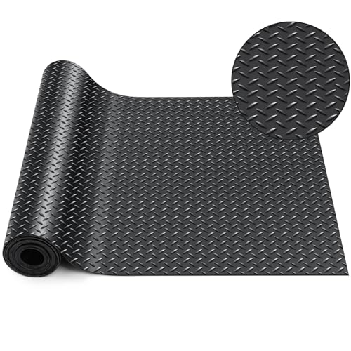 16 in x 20 ft Rubber Diamond Plate Rolls Garage Floor Mat for Under Car, Heavy Duty Flooring Rug for Trailers Garage, PVC Water/Stain Outside Stall Resistant Parking Rv Tool(Black)