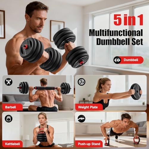 Adjustable Dumbbell Set, 20/30/45/70/90lbs Free Weight Set With Double Locknut, 5-in-1 Dumbbells Set Includes Barbell, Kettlebells, Push up Stand, Weight Plate, Fitness Exercise for Home Gym Suitable Men/Women - style: 20LB(10LB Pair)