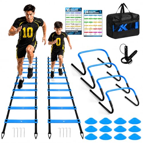 2 Pack Agility Ladder, Soccer Speed Training Equipment Set with Total 26 ft Agility Ladder, 12 Cones, 4 Adjustable Hurdles, Jump Rope, for Soccer, Basketball, Football, Kids, Youth, Adults - color: 2.Blue