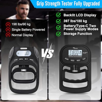 Ryaco Grip Strength Tester With Adjustable Hand Gripper, 396lbs/180kg Digital Hand Dynamometer Grip Strength Trainer Set Electronic Hand Grip Strengthener with LCD Display for Rehab Fitness Home Use