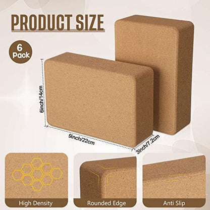 Junkin 6 Pack Cork Yoga Blocks, 9 x 6 x 3 Inches Non-slip & Anti-tilt Yoga Blocks for Supportive Stretching, Lightweight Gymnastic Cube Bricks for Exercise Pilates Workout Fitness Meditation Stability