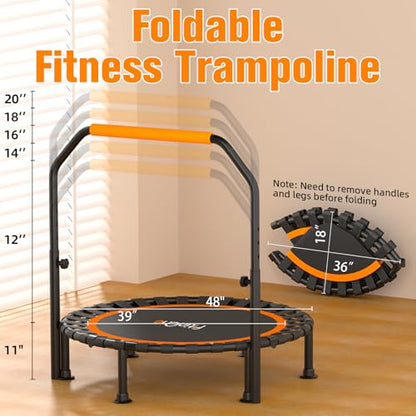 40"/48" Foldable Mini Trampoline Load 330lbs, Portable Exercise Rebounder with Durable Bungee Band, Fitness Trampoline for Adults and Kids