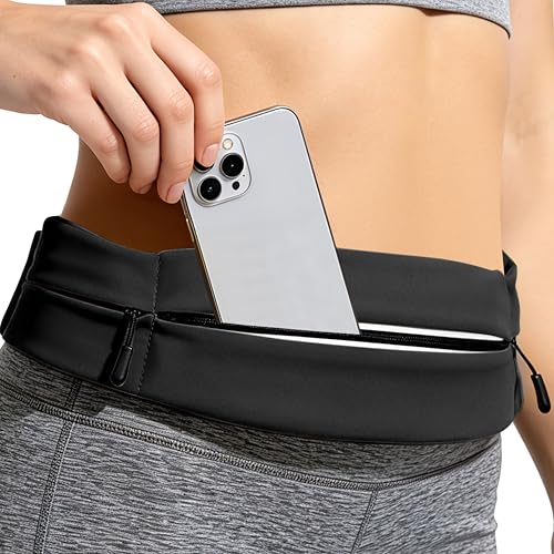Running Belt for Men Women, Water-resistant Fanny Pack with 3 Zipper Pockets & Reflective Safety Strips, Adjustable Waist Pack Jogging Pouch for Phone, Keys & Essentials (Black, Large)