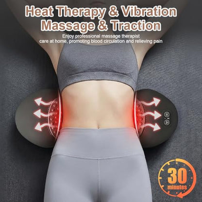 Electric Lumbar Massage Pillow, 3-in-1 Rechargeable Triple Fusion Back Massager with Heat/Vibration/Traction, Heated Lower Back Massager Pillow for Pain Relief Deep Tissue, for Bed Chair