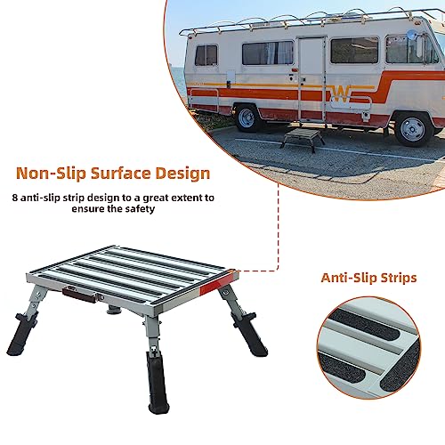 Homeon Wheels RV Step Stool, Adjustable Height Aluminum Folding Platform with Non-Slip Rubber Feet, Reflective Stripe, Handle, RV T Level, for Trailer, Truck, Outdoor - color: Slivergray