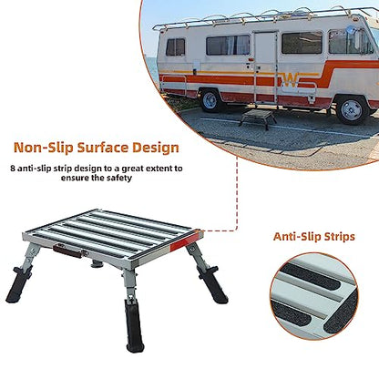 Homeon Wheels RV Step Stool, Adjustable Height Aluminum Folding Platform with Non-Slip Rubber Feet, Reflective Stripe, Handle, RV T Level, for Trailer, Truck, Outdoor - color: Slivergray
