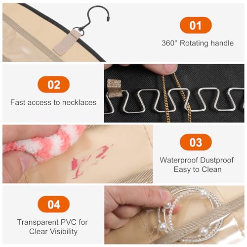 2 Pack Hanging Organizer Storage with 39 Pockets & 30 Hooks, Double Sided Wall Mount Jewelry Display for Earrings, Bracelets, Necklaces, Closet Door (Black, Large)