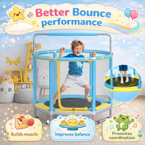 55" Trampoline for Kids with Enclosure, 4-in-1 Toddler Trampoline Indoor Outdoor, 440lbs Capacity Upgrade Trampolines with Adjustable Gymnastics Bar & Toys, for Boys & Girls, Easy to Assemble