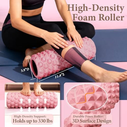 Pink Pilates Ring Kit with 14 inch Magic Circle & Foam Roller, Ergonomic Home Workout Equipment Set, Full Essentials for Women Beginners - Includes Exercise Guide & Storage Bag