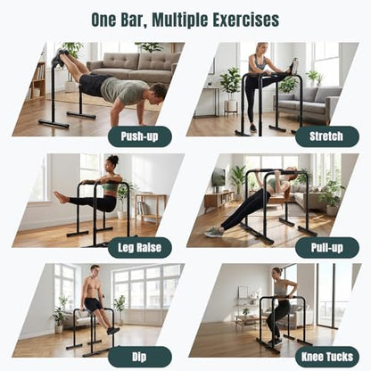 OLIXIS Dip Bar, Adjustable Heavy Duty Dip Bar Station with Soft High-Density Foam Handles, Stabilizer Parallel Parallette Bar Fitness Equipment for Home, Gym, Patio, Office - Black