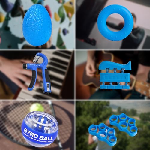 Hand Grip Strengthener Workout Kit (8 Pack) Forearm Grip Adjustable Resistance Hand Gripper, Finger Stretcher, Finger Exerciser, Grip Ring，Gyro Ball (blue)