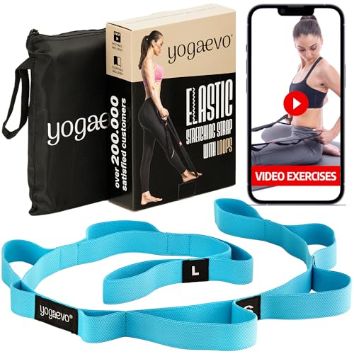 YOGA-EVO Elastic Stretching Strap with Loops for Physical Therapy - Stretch & Activate Muscles - Increase Mobility & Recovery - Soft Cotton & Spandex - Includes Carrying Pouch & Video Exercises - color: Blue