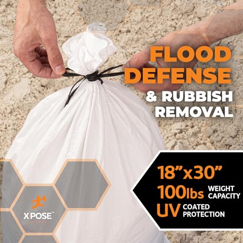 Xpose Safety Heavy Duty Sand Bags with Tie Strings – Empty Woven Polypropylene Sandbags for Hurricane Flood Protection, 100 lb Capacity, 18" x 30", White, Pack of 20 - size: 20 Sandbags