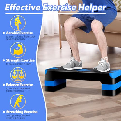 ZENY 26.5 inch Aerobic Step Platform with 4 Step Risers, Height Adjustable Exercise Stepper for Home Gym Workouts, 400 lbs Capacity - color: Blue