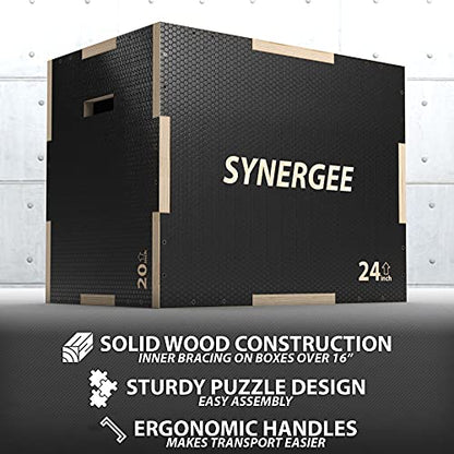 Synergee 3 in 1 Non-Slip Plyometric Box for Jump Training and Conditioning. Wooden Plyo and Soft Plyo Box All In One Jump Trainer. Sizes 20/18/16, 16/14/12