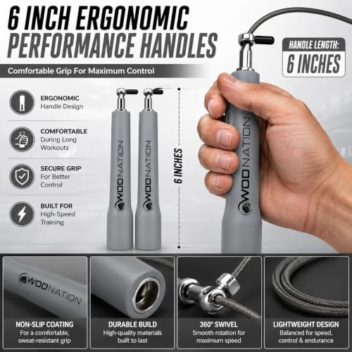 WOD Nation Adjustable Speed Jump Rope For Men, Women & Children - Blazing Fast Fitness Skipping Rope Perfect for Boxing, MMA, Endurance - color: Grey