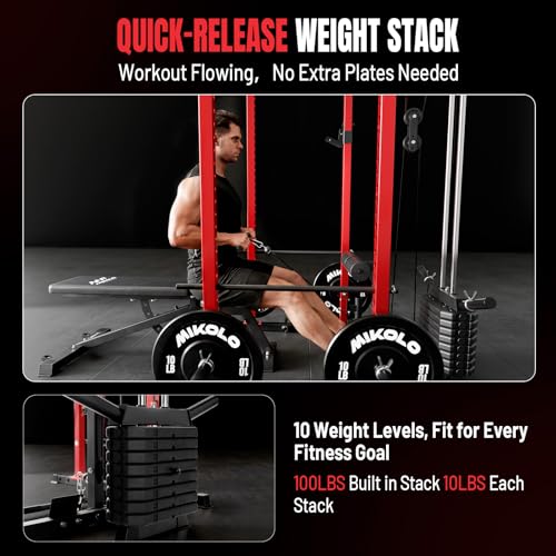 Mikolo F4 2.0 Power Cage with Dual-Track Smooth Pulley System, 1200LBS Power Rack with Leg Hold-Down for Heavy LAT Pulldowns - color: Red, size: F4 2.0 Elite (with Bench＆Bar＆230LB BP）