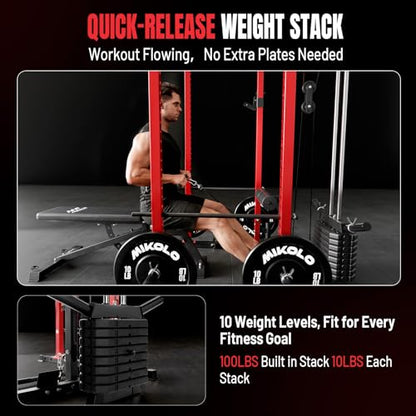 Mikolo F4 2.0 Power Cage with Dual-Track Smooth Pulley System, 1200LBS Power Rack with Leg Hold-Down for Heavy LAT Pulldowns - color: Red, size: F4 2.0 Elite (with Bench＆Bar＆230LB BP）