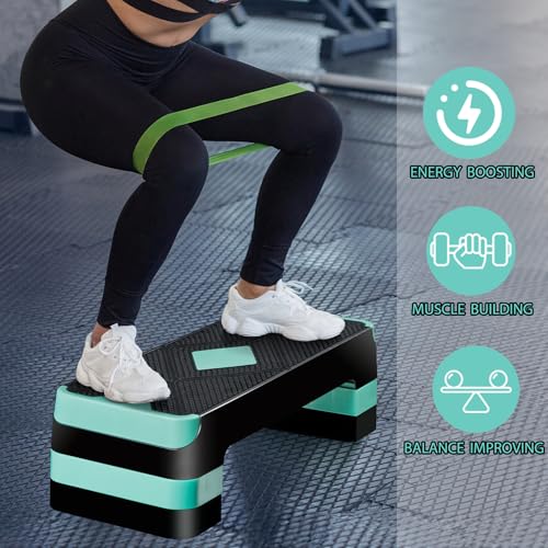 26.5" Height Adjustable Step Aerobic Platform with 4 Risers, Exercise Workout Stepper for Home Training, Gym Fitness, 4''- 6'' - 8'', 400 lbs Capacity - color: Green