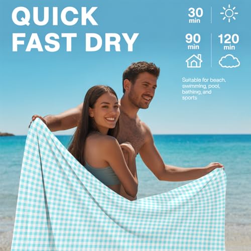 Microfiber Beach Towel Sand Free Quick Dry Oversized Sky Blue White Gingham Pattern Lightweight Travel Pool Towel for Adults 71 x 32 Inches 1 Pcs - color: Tartan