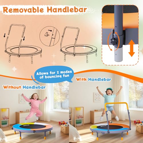 Premium 3FT Foldable Toddler Trampoline for Kids Ages 1-6, 36 Inch ASTM Certified Mini Trampoline with Adjustable Handle, 100 lbs Capacity, Quiet Elastic Bands, Safe for Indoor Outdoor Use