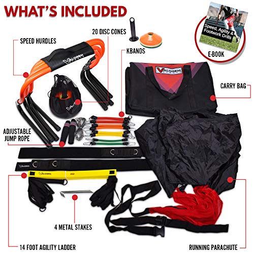 Speed & Agility Training Equipment Set - Includes 4 Agility Hurdles, 20 Disc Cones, Agility Ladder, Adjustable Leg Resistance Bands, Speed Parachute, Jumping Rope & Carry Bag - Designed For All Sports