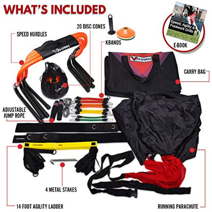 Speed & Agility Training Equipment Set - Includes 4 Agility Hurdles, 20 Disc Cones, Agility Ladder, Adjustable Leg Resistance Bands, Speed Parachute, Jumping Rope & Carry Bag - Designed For All Sports