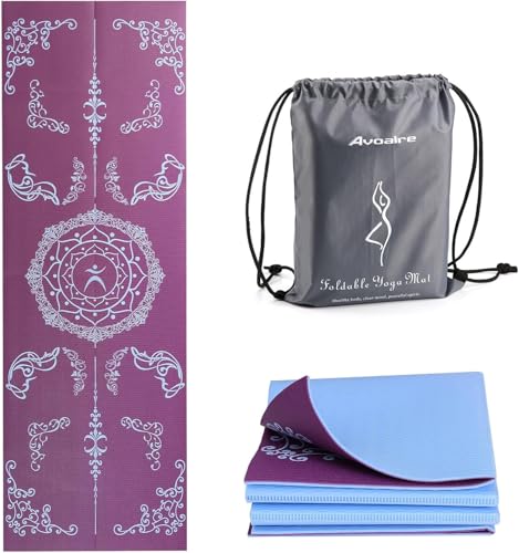 Avoalre Folding Yoga Mat, Eco-Friendly PVC Travel Yoga Mat Packable, Double Sided Non-Slip Printed Yoga Mats with Bag for Home Workout Gym Exercise Fitness Pilates Stretching (72" x 24" x 1/5" Thick) - color: Purple