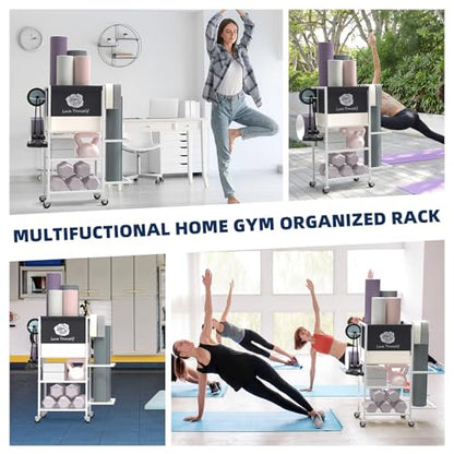 Multi-Functional Home Gym Storage Rack,All-in-One Weight Rack,Yoga Mat Foam Rollder Holder with Wheels and Side Holder - color: White