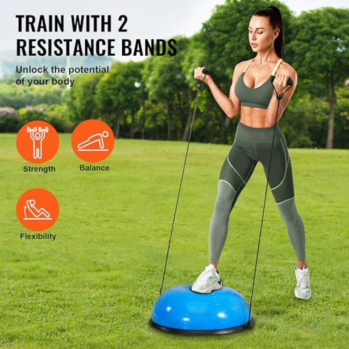 VEVOR Half Exercise Ball Trainer, 23/26 inch Balance Ball Trainer, 1500lbs Capacity Stability Ball, Yoga Ball with Resistance Bands & Foot Pump, Strength Fitness Ball for Home Gym Full Body Workout - color: 23" Ripple Blue