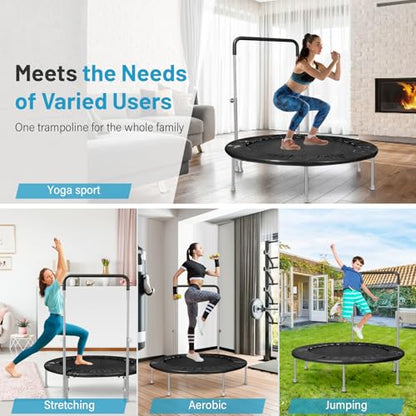 40" / 48" Rebounder Trampoline for Adults with Adjustable Bar, Mini Fitness Trampoline for Adults and Kids, Small Exercise Trampoline with Handle for Indoor Outdoor Workout