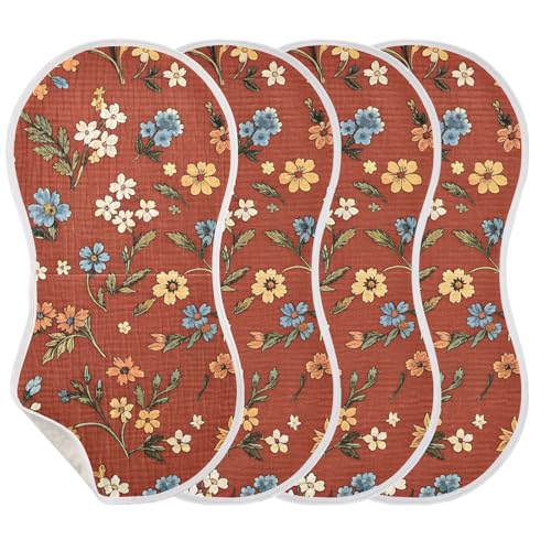 Boho Floral Red Orange Muslin Burp Cloths 1 Pack - Extra Large 22"x11", 4-Layer Soft Absorbent Cotton, Waterproof Backing, Baby Drool Rags for Newborn