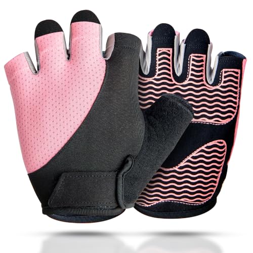 sunnex Workout Gloves for Women - Breathable Weight Lifting Gloves with Non-Slip Silicone Padding, Fingerless Gym Gloves for Cycling, Rowing, Pull Ups & Training (4 Sizes) - color: JS-PINK, size: X-Large