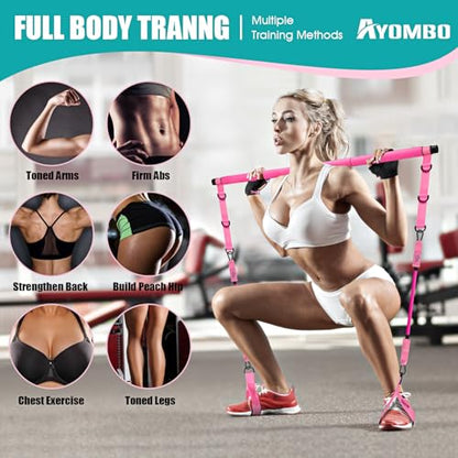 Pilates Bar Kit with Resistance Bands, Pilates Workout Equipment for Legs, Hip, Waist, Arm, Squats Exercise Equipment for Home Workouts, Adjustable 3-Section Pilates Bar Kit for Women & Men