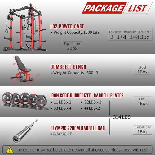 Power Cage Multi-Function Power Rack with Cable Crossover System,1500 LBS Capacity Squat Rack with Weight Bench,for Home Gym