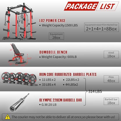 Power Cage Multi-Function Power Rack with Cable Crossover System,1500 LBS Capacity Squat Rack with Weight Bench,for Home Gym