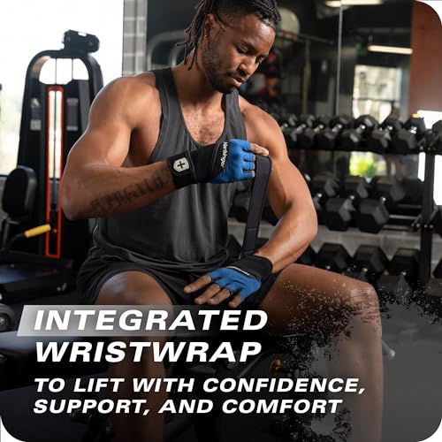 Harbinger Training Grip Wrist Wrap Gloves - Enhanced Grip & Wrist Support, Breathable Lycra Back, Padded Leather Palm, Half-Finger Design, Quick Pull Tabs - Ideal for Weightlifting, Gym - Men's - size: Medium