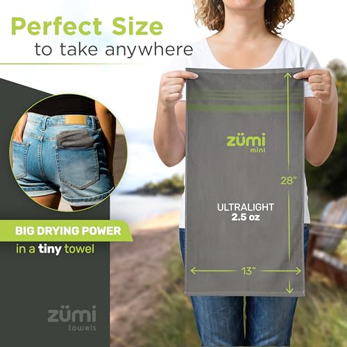 Zumi MINI 100% Cotton Camping Travel Towel - Small, Ultralight, Fast Drying, Highly Absorbent, Soft and Gentle on the Skin, Safe for the Planet (28"x13" Gray) - color: Gray Mini