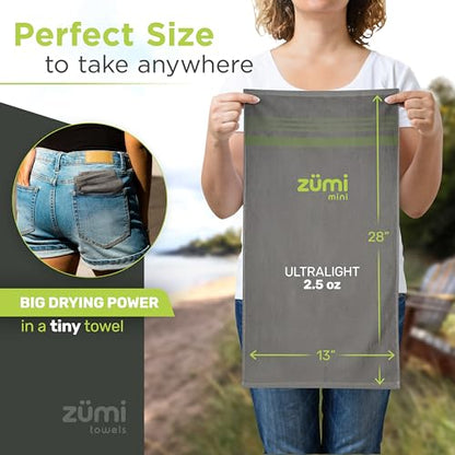 Zumi MINI 100% Cotton Camping Travel Towel - Small, Ultralight, Fast Drying, Highly Absorbent, Soft and Gentle on the Skin, Safe for the Planet (28"x13" Gray) - color: Gray Mini