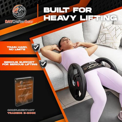 Hip Thrust Belt for Weights, Dumbbells & Kettlebells – Heavy Duty Glute Workout Equipment for Plates up to 300 lbs, with bonus straps for Dips & Squat Belt for Home & Gym