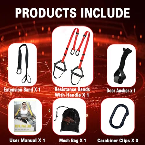 Bodyweight Resistance Training Straps, Complete Home Gym Fitness Trainer kit for Full-Body Workout, Included Door Anchor, Extension Strap, Fitness Guide