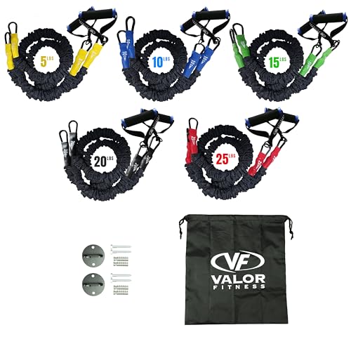 Valor Fitness Resistance Bands - 5lb to 25lbs - Carabiners Attached & 2 Bands per Weight Option with Handles– Sheath Covered - Strength Training New Compact 39" Design - Wall Door Rack Mount Options - color: Black -RTS-WALLattb
